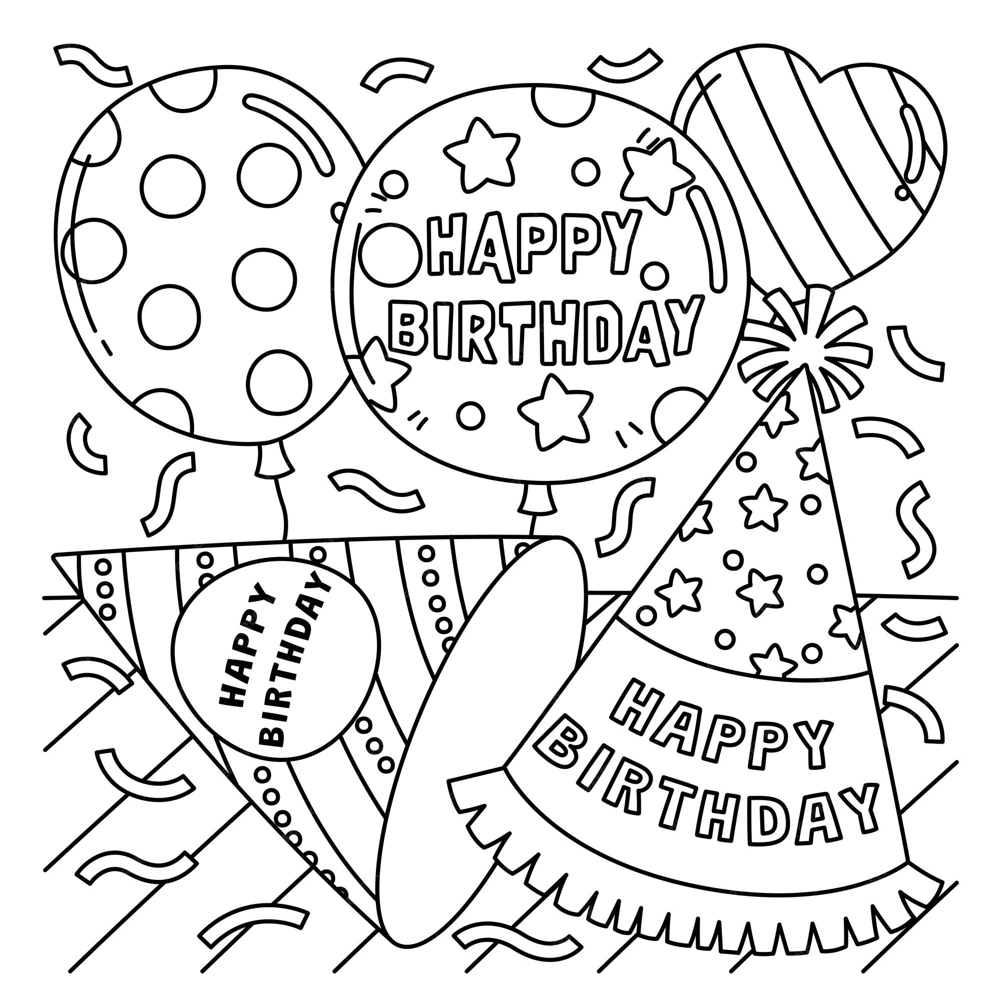 Premium vector a cute and funny coloring page of a birthday party hat and balloons provides hours of coloring fun for children color this page is very easy suitable for little