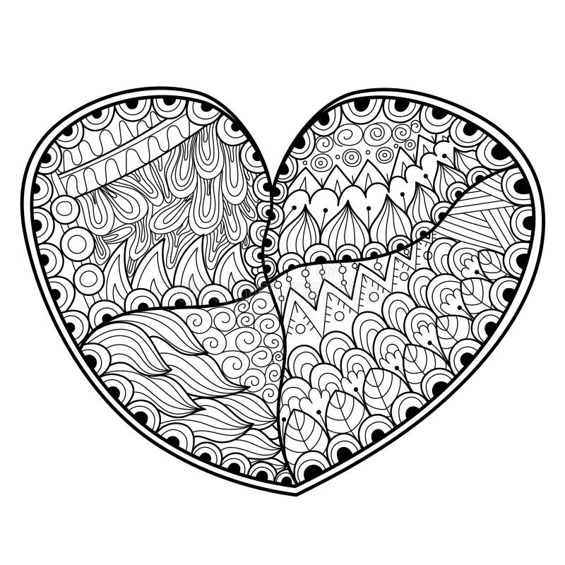 Black and white zentangle heart coloring page outline love pattern for antistress coloring book stock vector