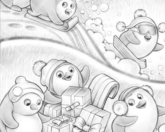 Snowy day baby penguin coloring page printable christmas colouring page for kids and adults cute winter instant download animal holiday