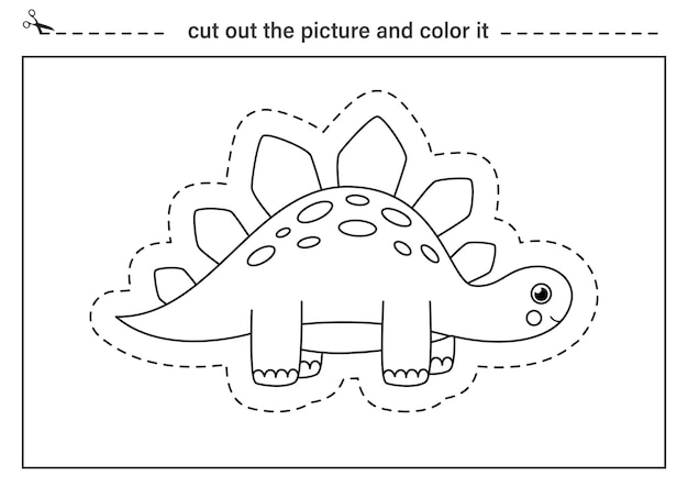 Premium vector cut out cute dinosaur and color it black and white worksheet for kids cutting practice for preschoolers