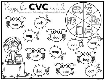 Cvc worksheets spin and color cvc words by natalie lynn kindergarten