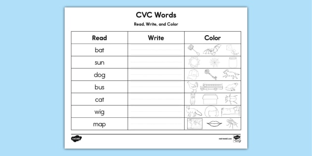 Cvc words read write and color activity teacher