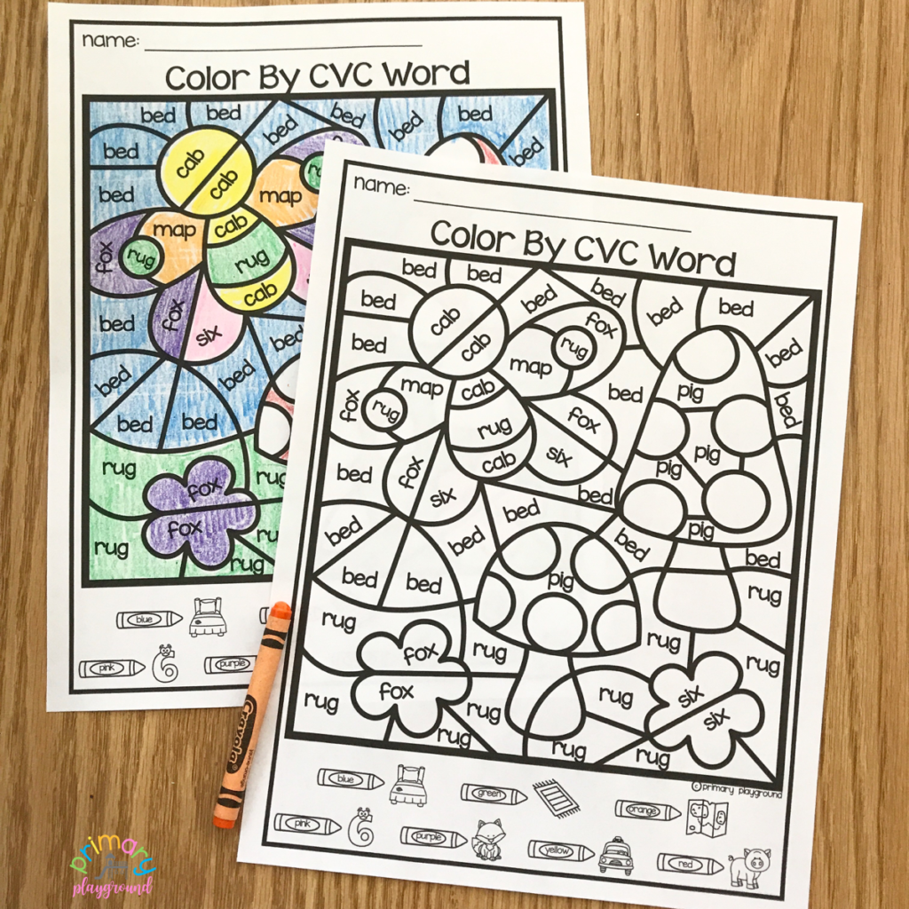 Free printable color by code cvc words