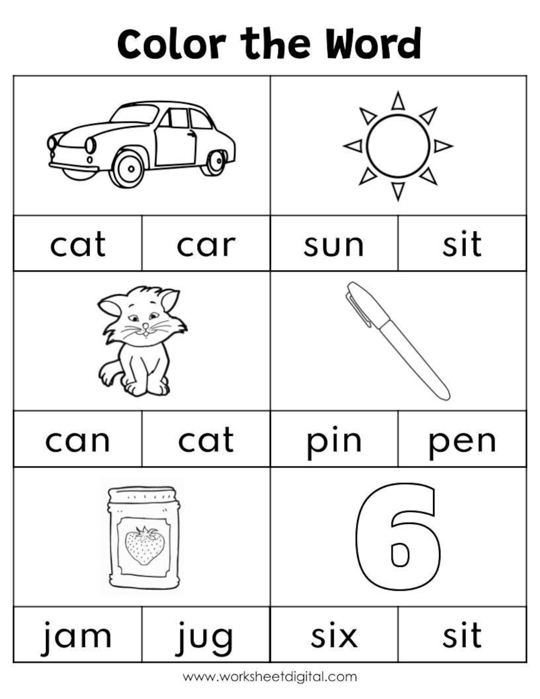 Cvc words color the cvc words phonics worksheets kindergarten preschool homeschool printables instant download
