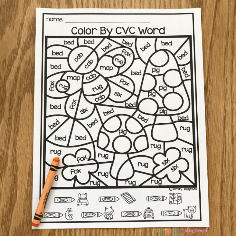 Free printable color by code cvc words