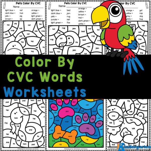 Free pet animal color by cvc words worksheets