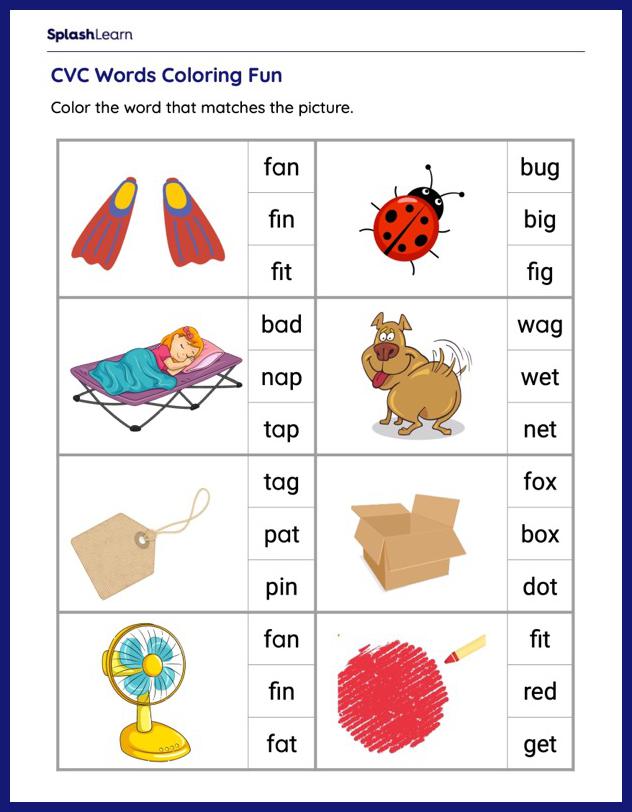 Cvc word reading and picture matching â printable reading worksheet