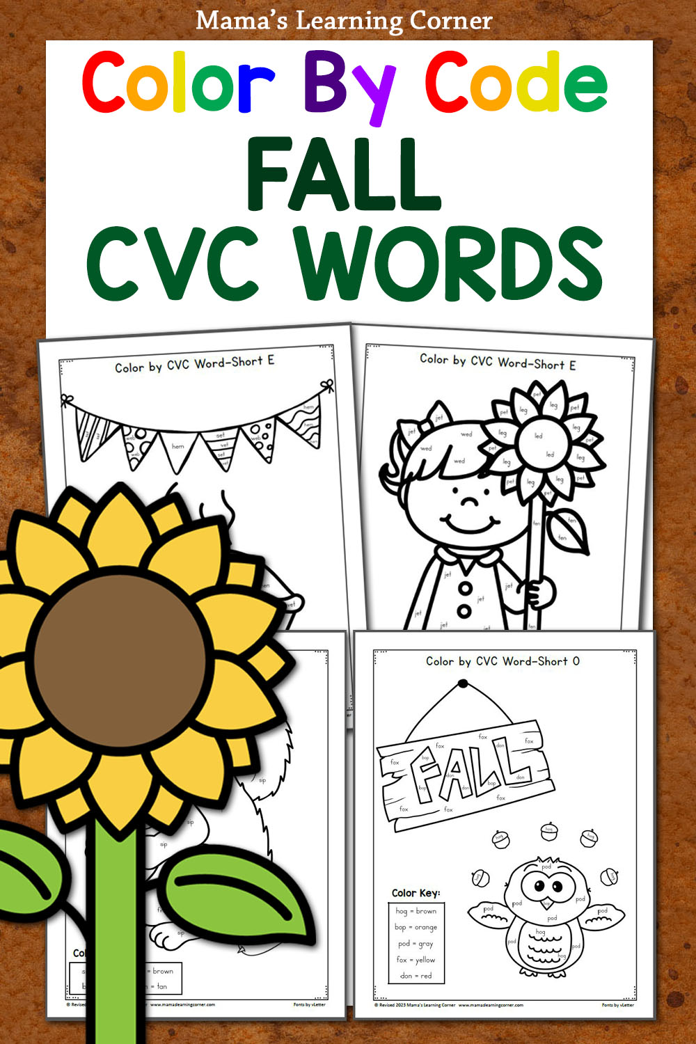 Fall color by cvc words worksheets