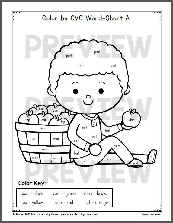 Fall color by cvc word worksheets