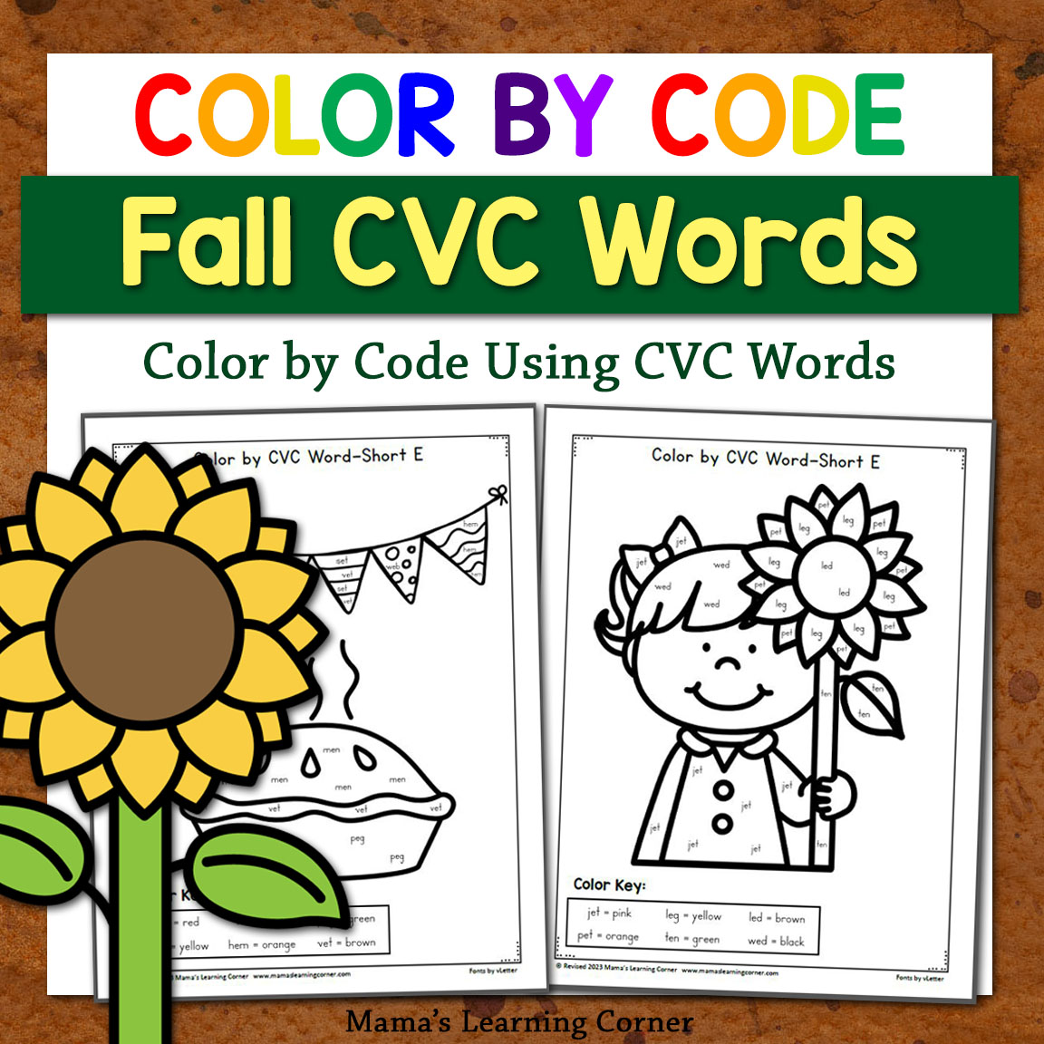 Fall color by cvc word worksheets