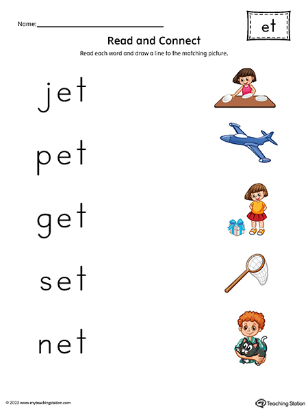 Et word family read and match cvc words to pictures printable pdf