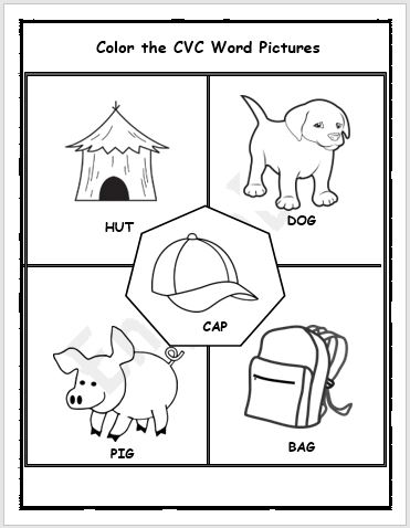 Cvc words pictures coloring activity worksheets