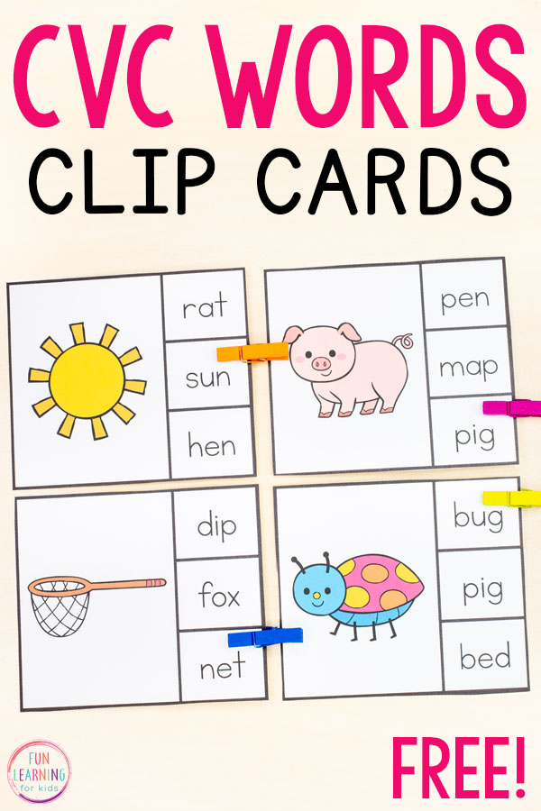 Cvc words clip cards printables for kindergarten