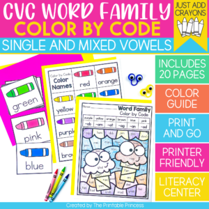 Color by code cvc word families worksheets