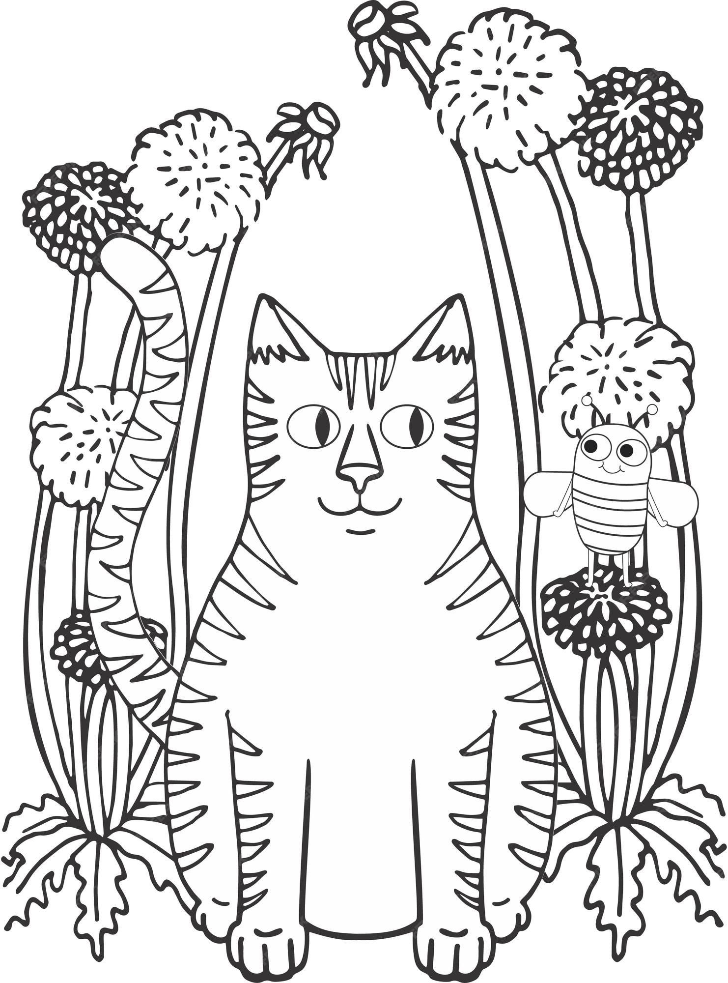 Premium vector cat bee dandelion characters cute coloring page illustration