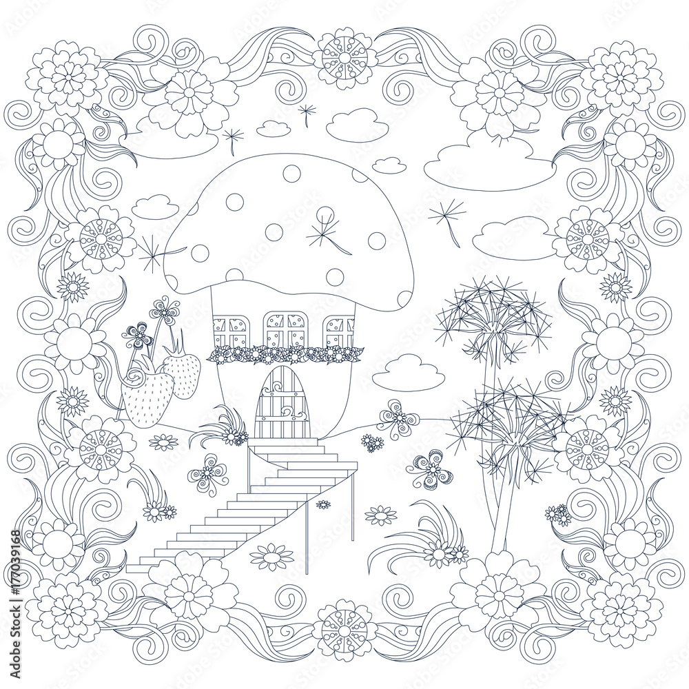 Monochrome antistress vector illustration with fairy house mushroom dandelion strawberries flowers for coloring book for print vector