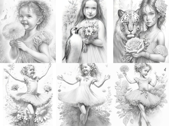 Mix set girls with animals ballerinas girl with dandelion printable adult coloring pages download grayscale illustration download now