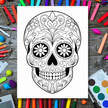 Halloween sugar skull coloring pages day of the dead printable tpt