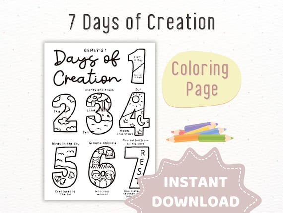 Days of creation coloring page printable sunday school activity homeschool lesson kids children church preschool printable wall art
