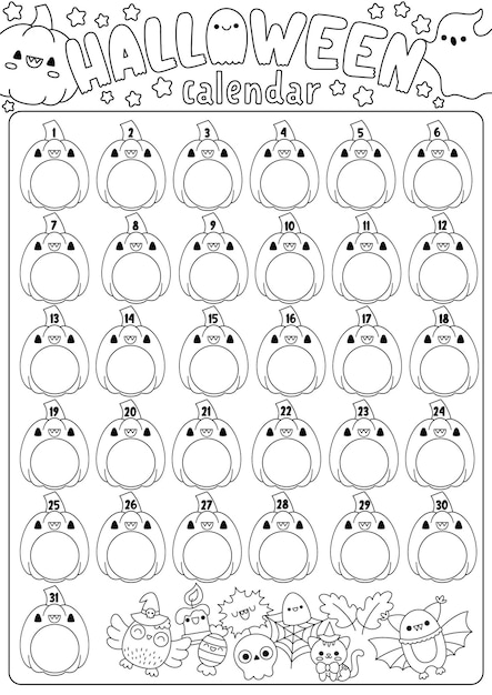 Premium vector vector black and white halloween advent calendar with traditional holiday symbols cute autumn all saints day planner for kids scary trick or treat coloring poster with kawaii pumpkin lanterns