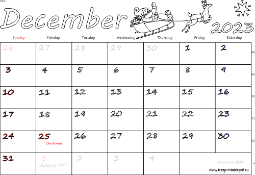 December usa calendar free printable pdf
