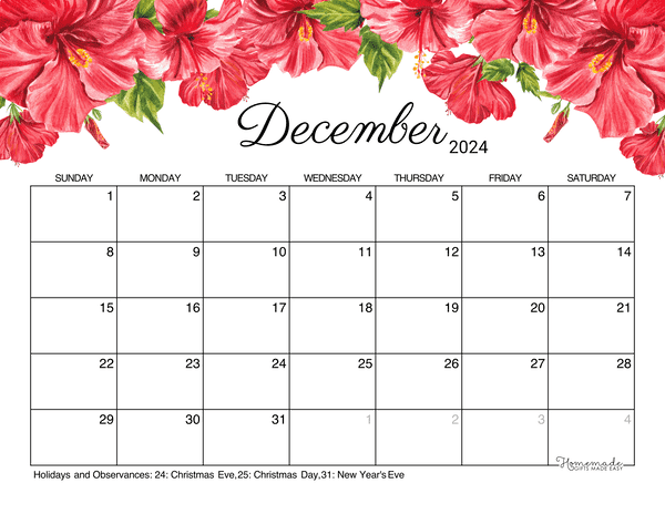December calendar free printable with holidays