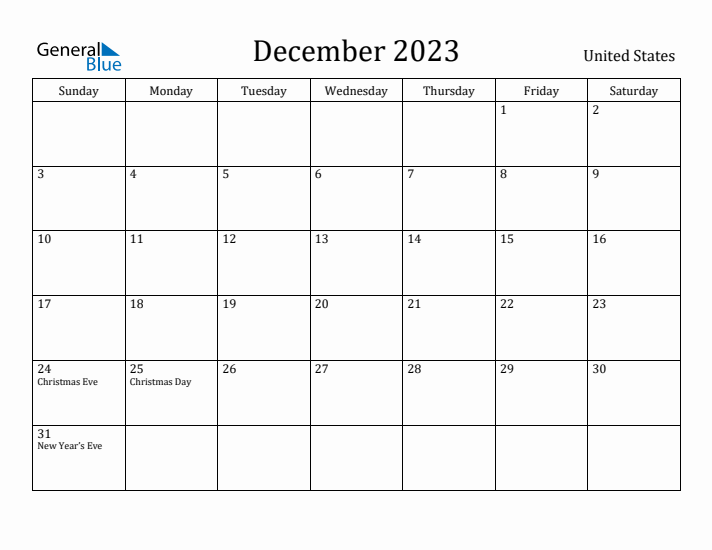 December monthly calendar with united states holidays