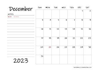 December printable calendar
