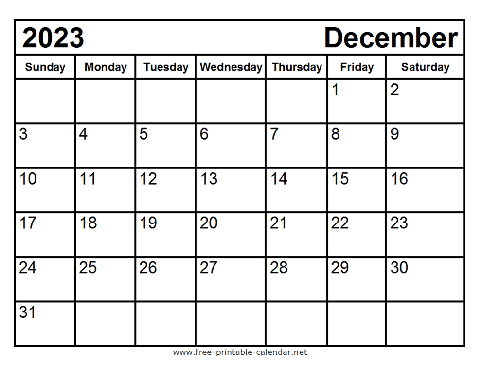 Free printable december calendar