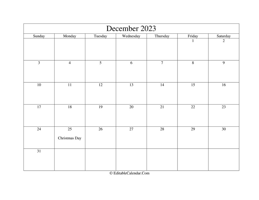 December printable calendar with holidays