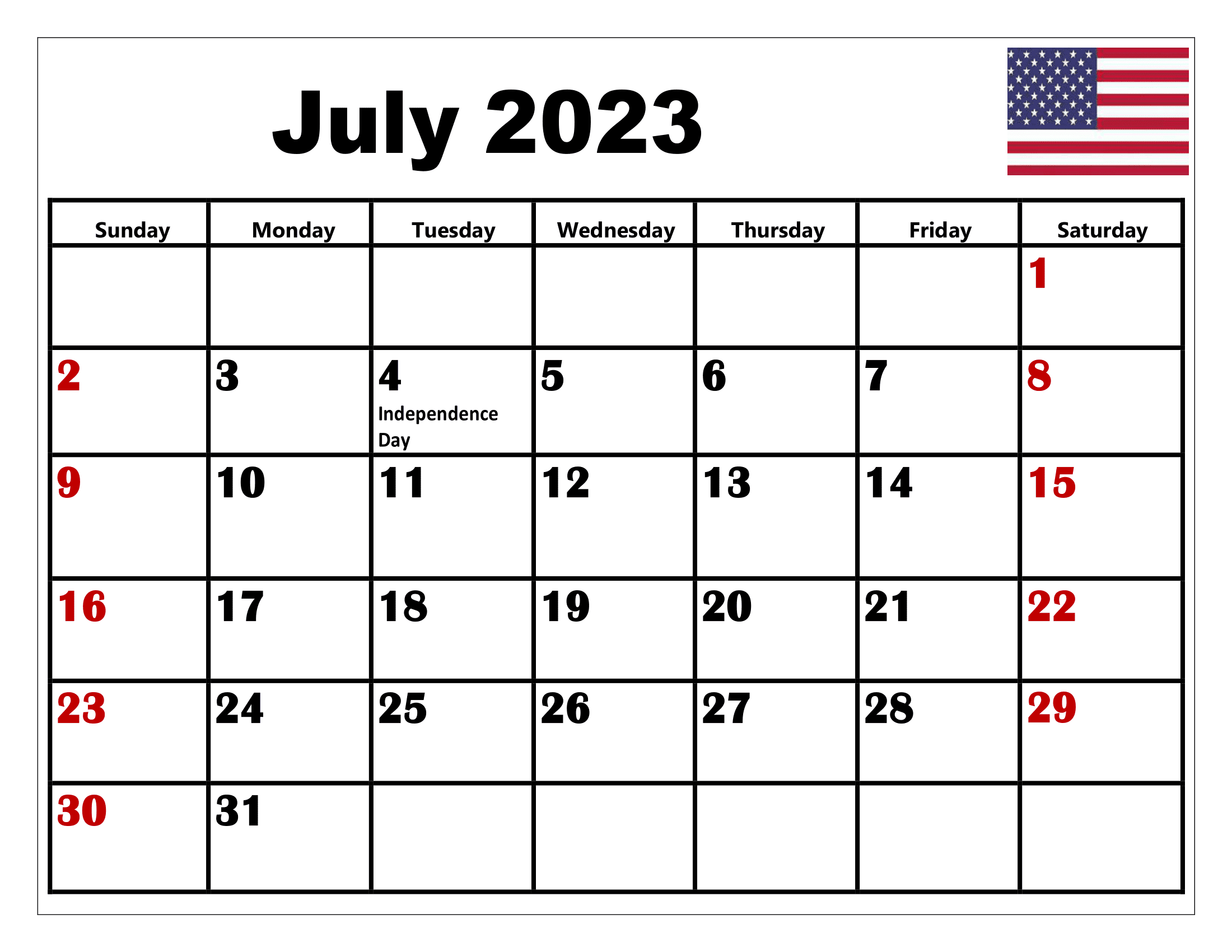 Free july calendar printable pdf blank templates