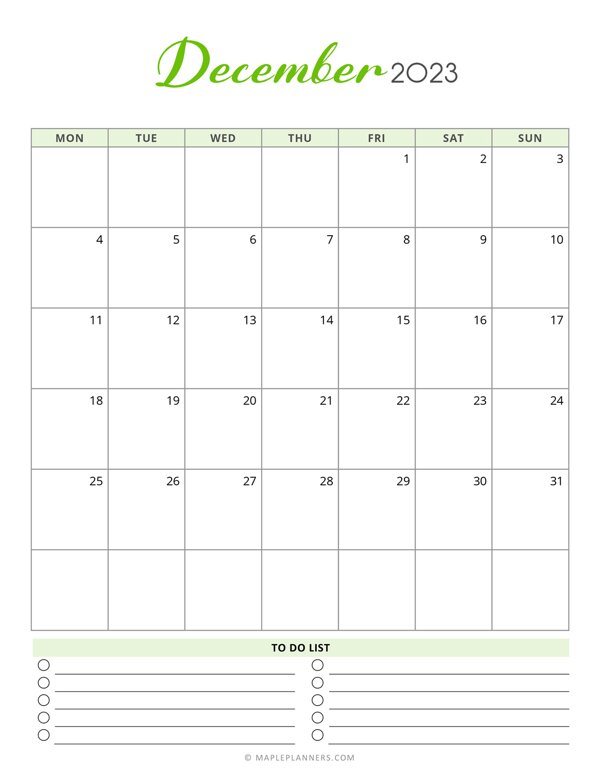 Free printable december monthly calendar