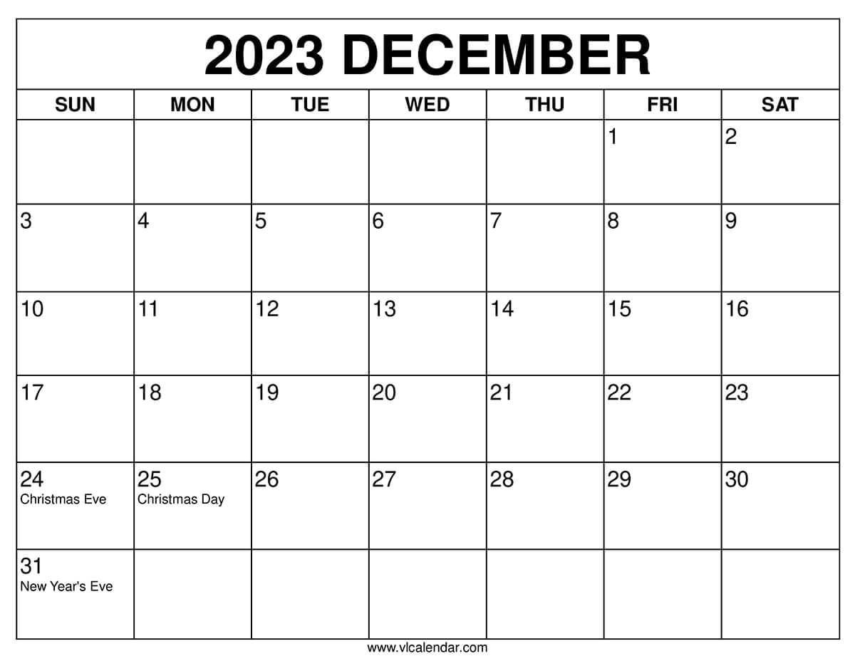 December calendar printable templates with holidays