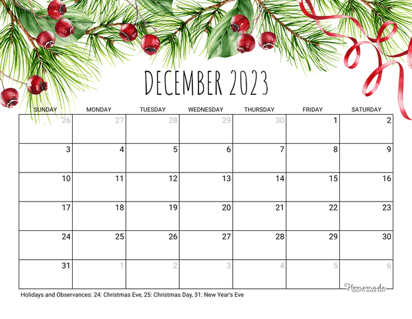 December calendar free printable with holidays