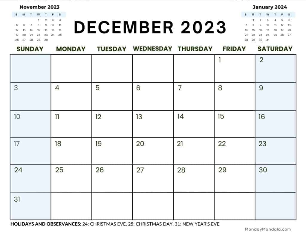December calendar free pdf printables