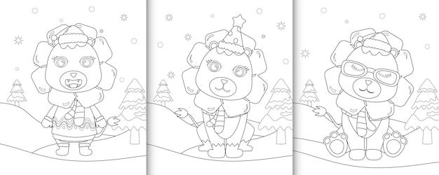 Premium vector coloring book with cute lion christmas characters
