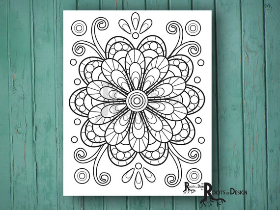 Instant download coloring page fun mandala flower or geometric design doodle art printable design