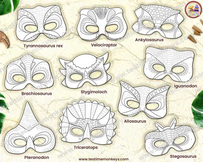 Printable dinosaur masks for colouring