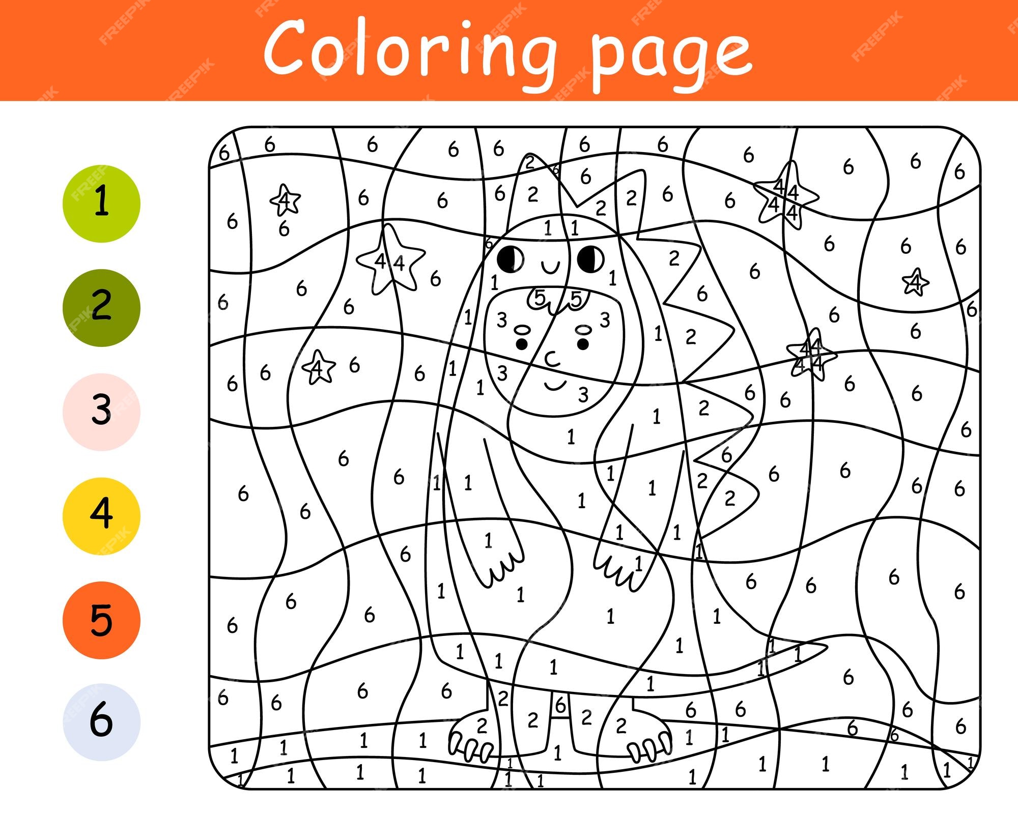 Premium vector color by number game for kids child in costume dinosaur halloween party printable worksheet coloring page