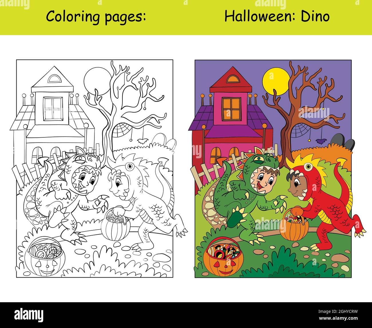 Funny boys in dinosaur costume halloween concept coloring book page for children with colorful template vector cartoon illustration for print dec stock vector image art
