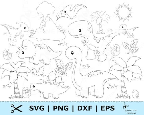Dinosaur svg bundle cricut cut files silhouette dinosaur outline set dinosaur stencil dxf png eps baby dinosaurs in eggs palm trees instant download