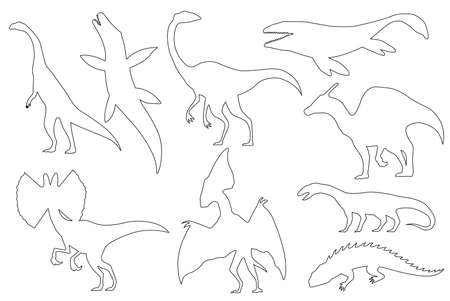 Dinosaur silhouettes set coloring dino monsters icons prehistoric reptile monsters vector illustration isolated on white black and white graphics ù ùùø øªøµù ùù ù
