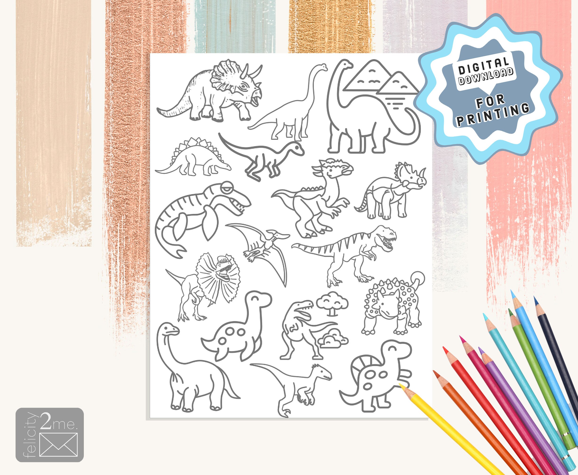 Dinosaur coloring page dinosaur digital stickers printable