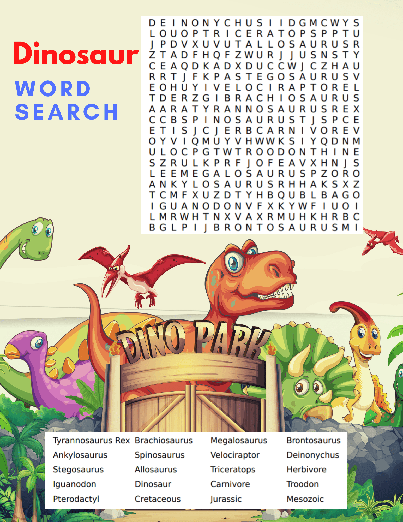 Free printable dinosaur word search for kids