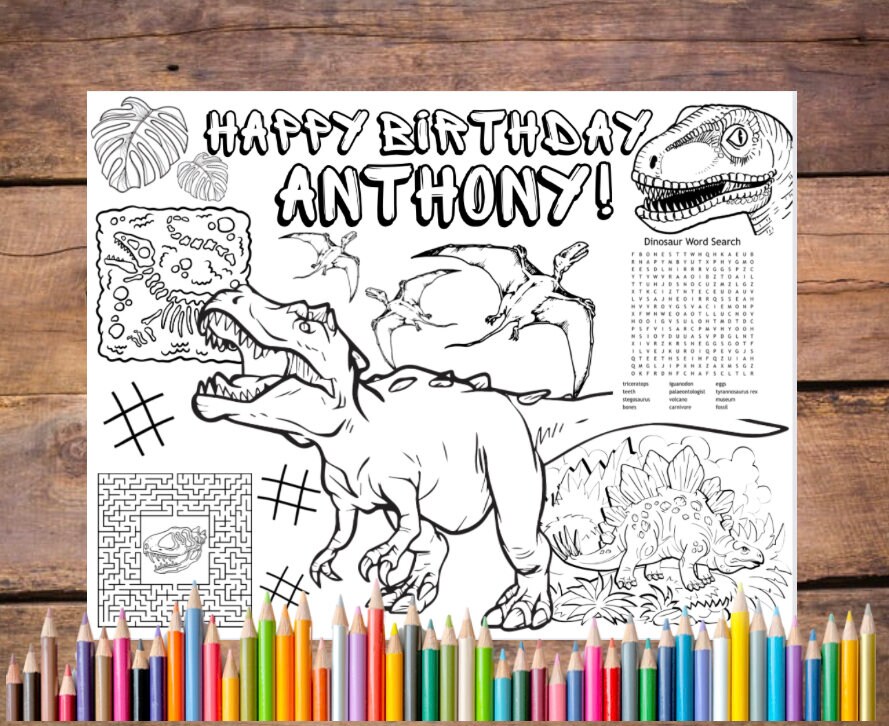 Customizable dinosaur birthday printable coloring page jurassic party favor dino party activity prehistoric placemat