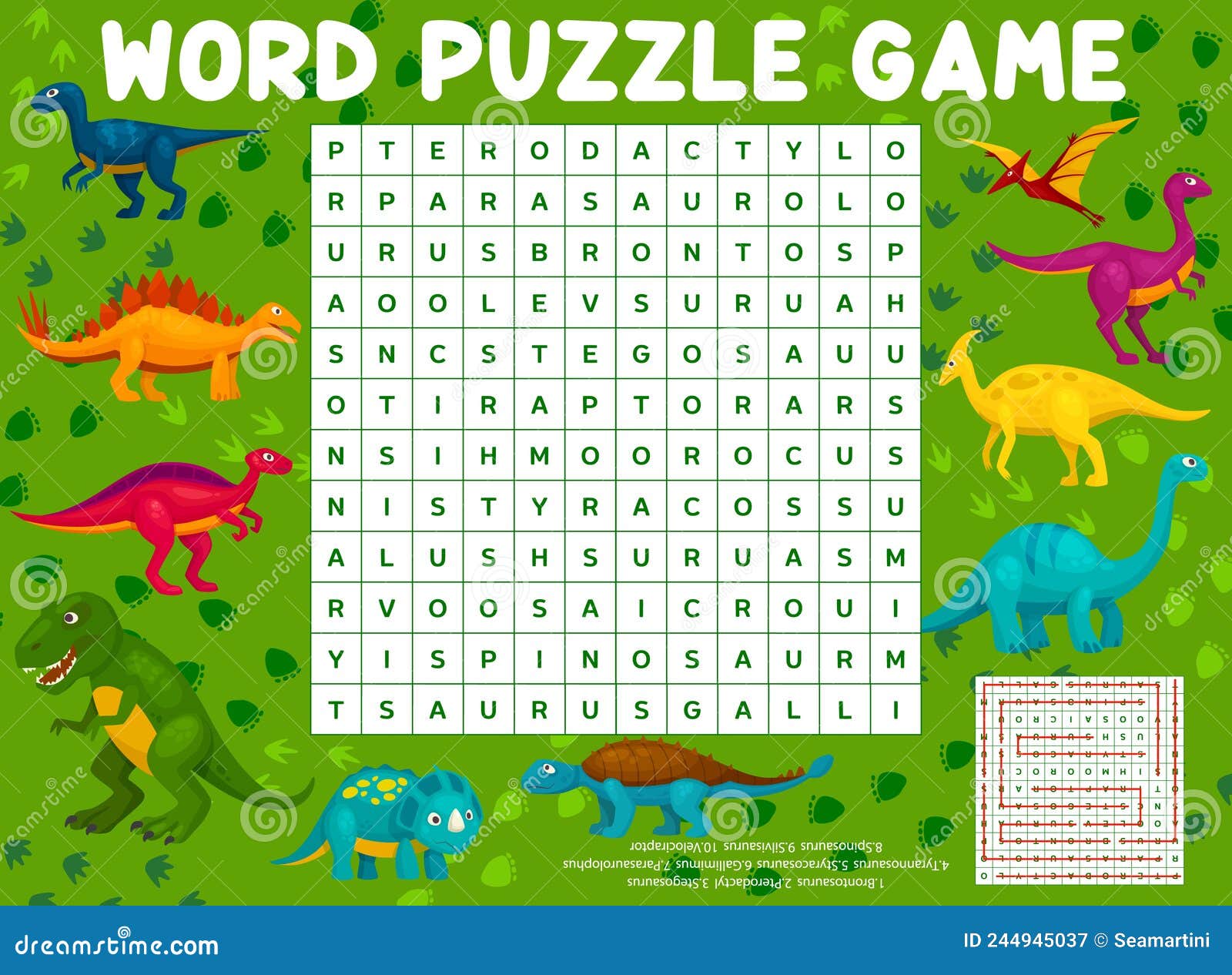 Funny cartoon dinosaur reptiles word search puzzle stock illustration