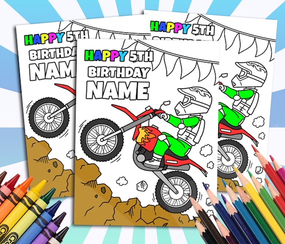 Dirt bike happy birthday coloring pages custom personalized party decor