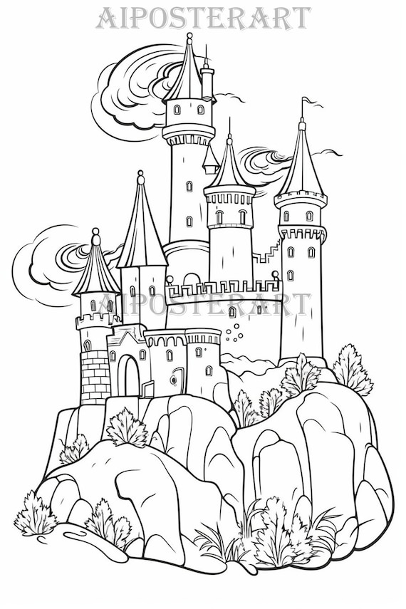 Buy turreted castle atop hill coloring sheet for adults kids printable coloring page hilltop castle coloring high res x pixels online in india