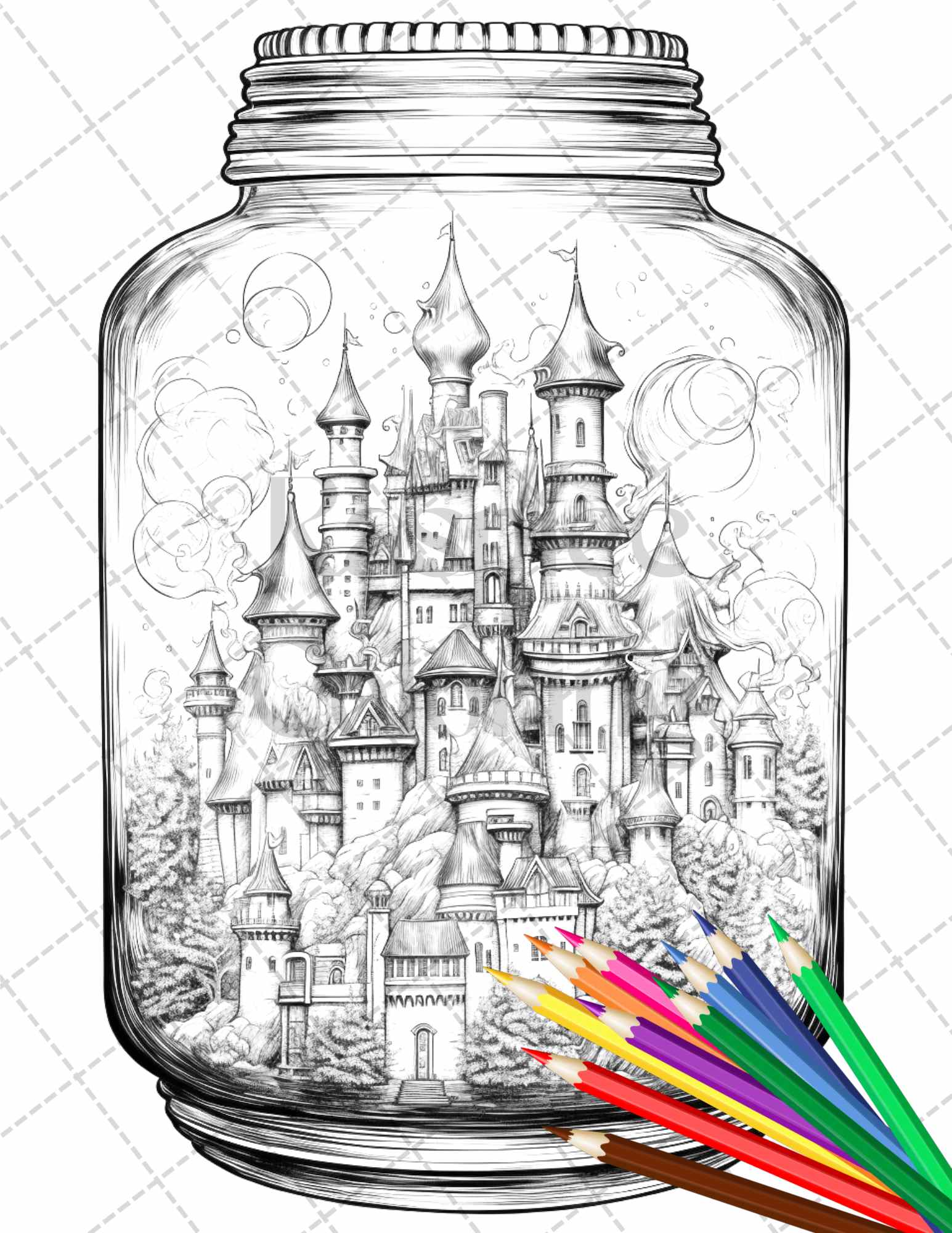 Fantasy castle in jar grayscale coloring pages printable for adults â coloring