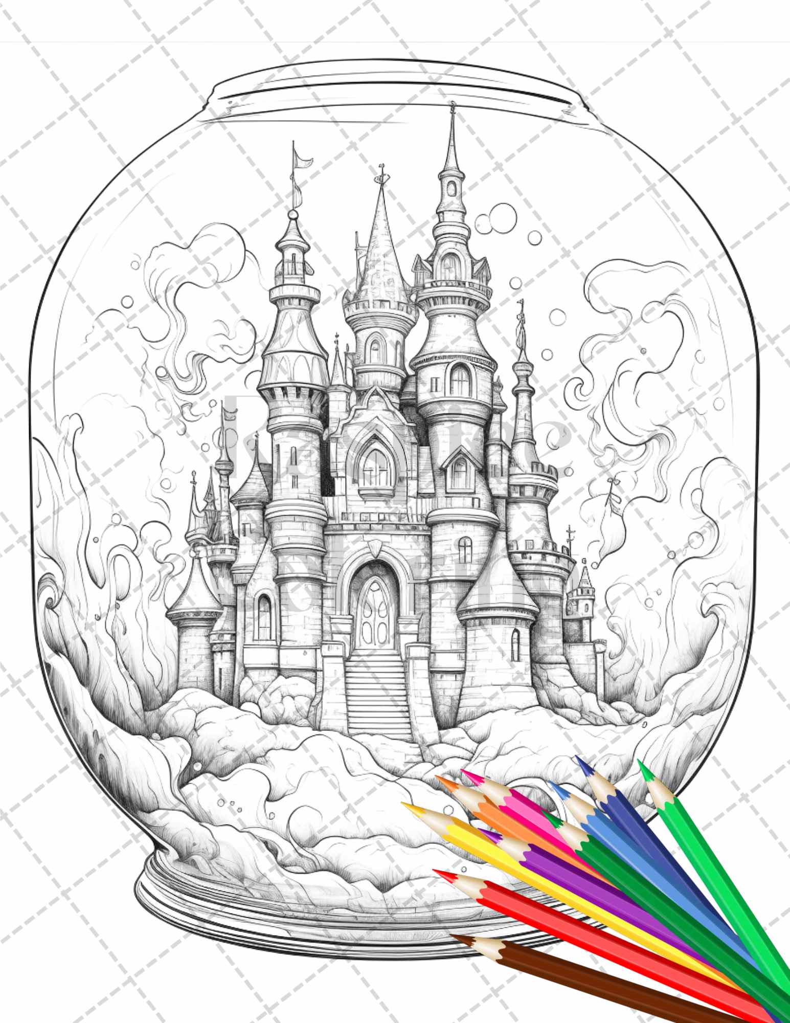 Fantasy castle in jar grayscale coloring pages printable for adults â coloring